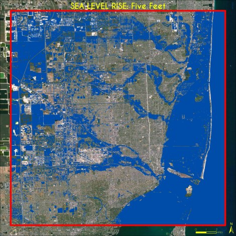 Five Feet Sea Level Rise, Miami. Data Source: Climate Central / High Water Line | Miami. Map Source: Matthew Toro. 2013.
